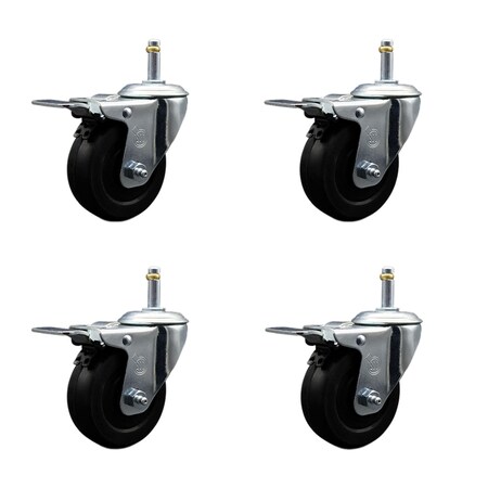 Service Caster 3.5'' Soft Rubber Wheel Swivel 7/16'' Stem Caster Set Total Lock Brake, 4PK SCC-GRTTL20S3514-SRS-716138-4